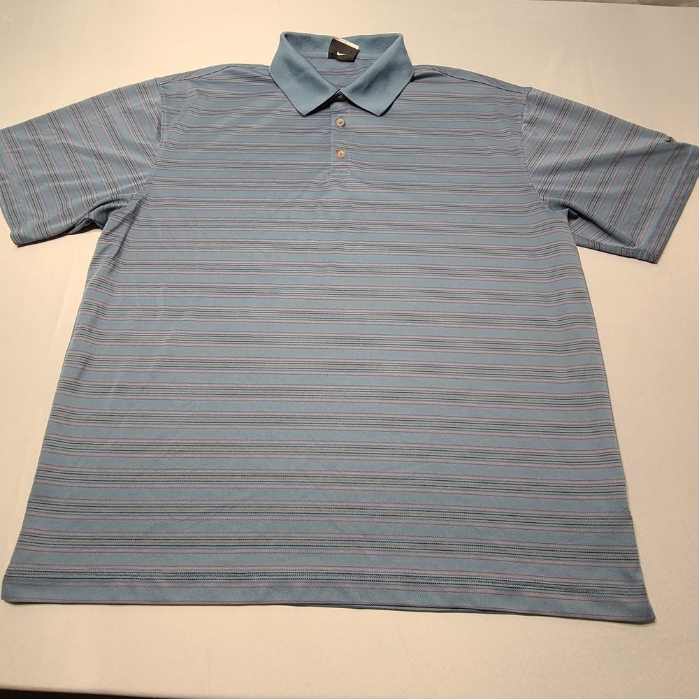 Nike Golf Polo Mens XL Blue Striped Fit Dry Sleeve Logo Golfer Classic Swoosh